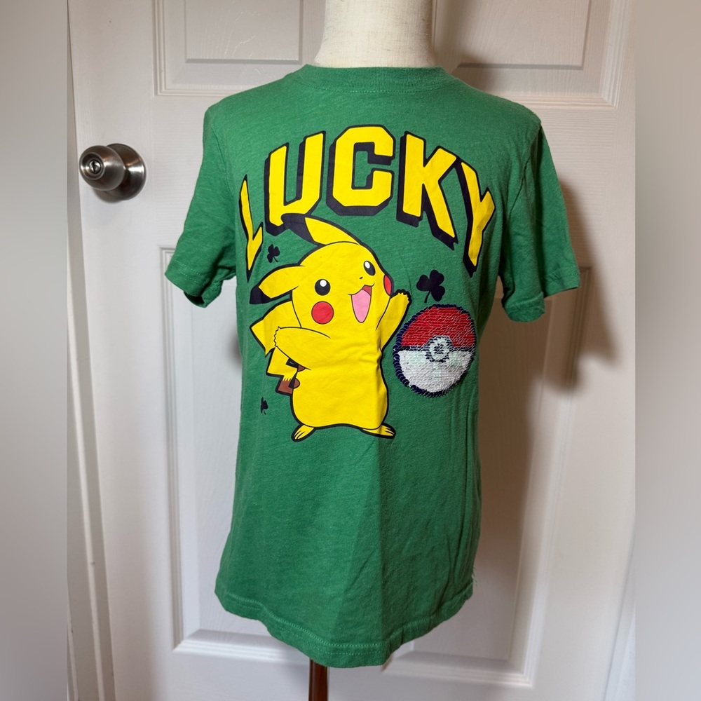 Pokémon Kids Short Sleeve Tee St. Patrick’s Day Pikachu Sequin Pokeball Small